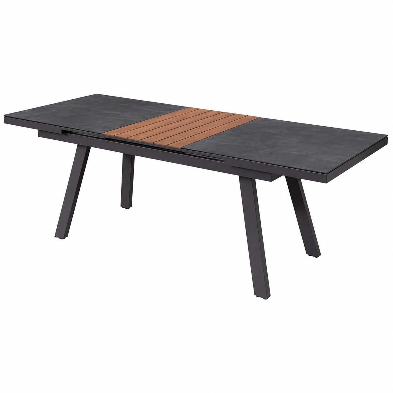 Aluminium-Gartentisch mit Glas und Teakholz, ausziehbar von 180 cm auf 240 cm, synchroner Auszug