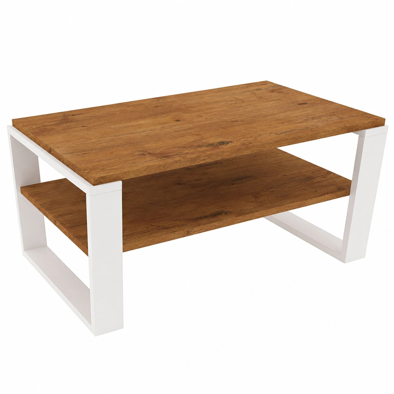 Couchtisch aus Massivholz mit zusätzlicher Ablage, Retro-Weiß, Modell Kaja 96