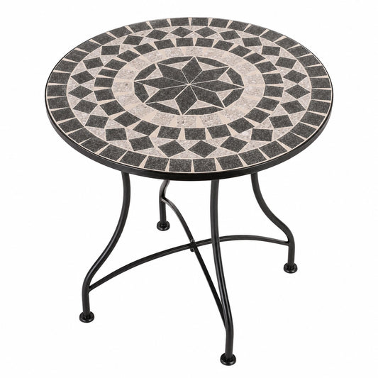 Runder Mosaiktisch Mayla 60 cm Ø - Mediterraner Gartentisch für Balkon und Terrasse, Handgefertigt in Anthrazit-Grau-Beige
