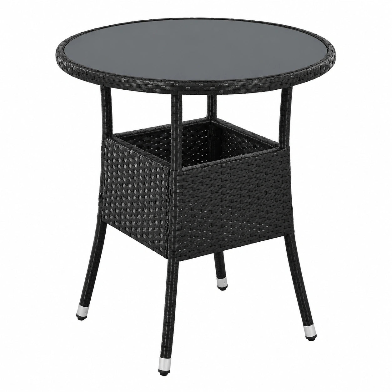Wetterfester runder Polyrattan Gartentisch Ø 60 cm mit Glasplatte - Klapptisch für Balkon in Schwarz