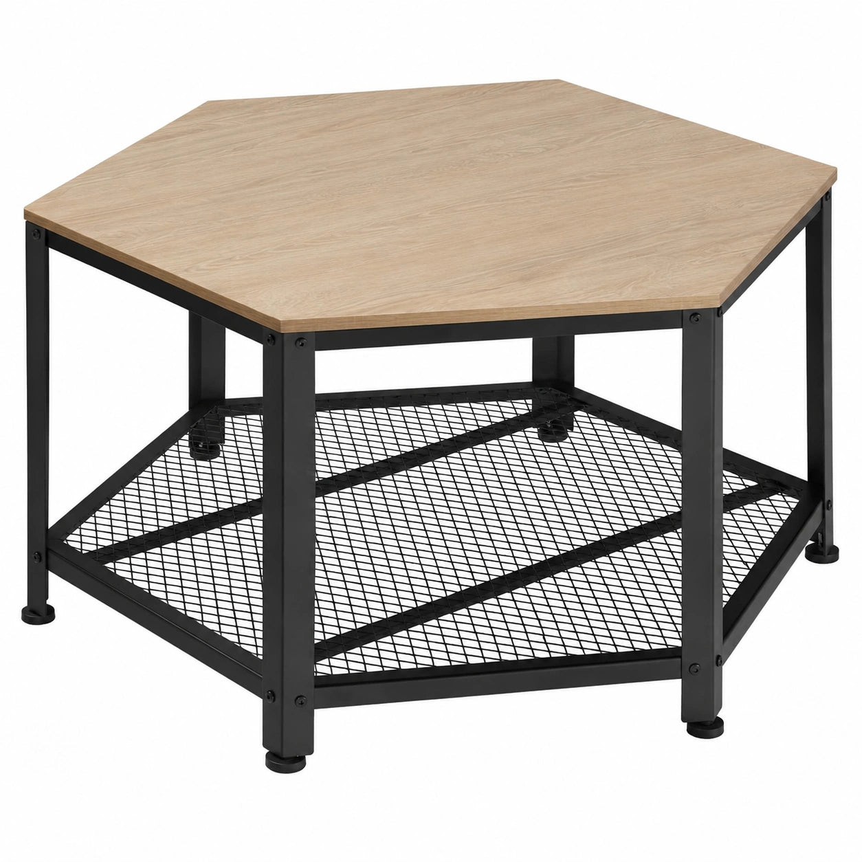 Sechseckiger Couchtisch aus Holz und Metall mit Stauraum, Industrial Design, 86,5 x 75 x 46,5 cm, Eiche Sonoma