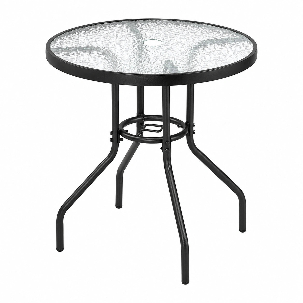 Runder Gartentisch aus Glas mit Schirmloch, pflegeleicht, Metallgestell, 70 cm
