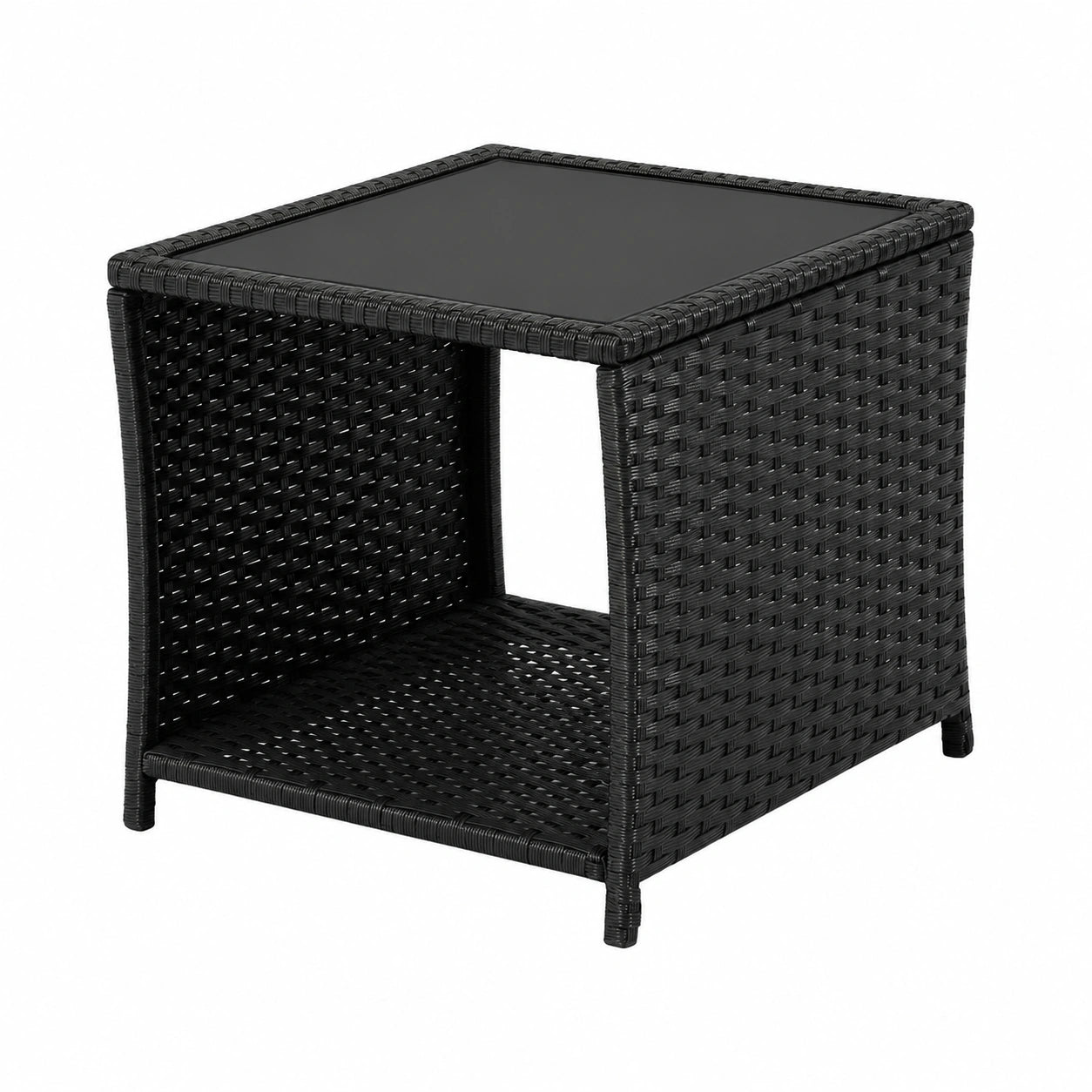 WOLTU Garten Beistelltisch aus Polyrattan, 45x40x45 cm, mit Glasplatte und Ablage, wetterfest, Schwarz